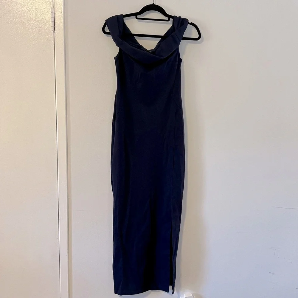 NICHOLAS Ponti Knot Front Off Shoulder Gown in Deep Navy - Picture 3 of 8